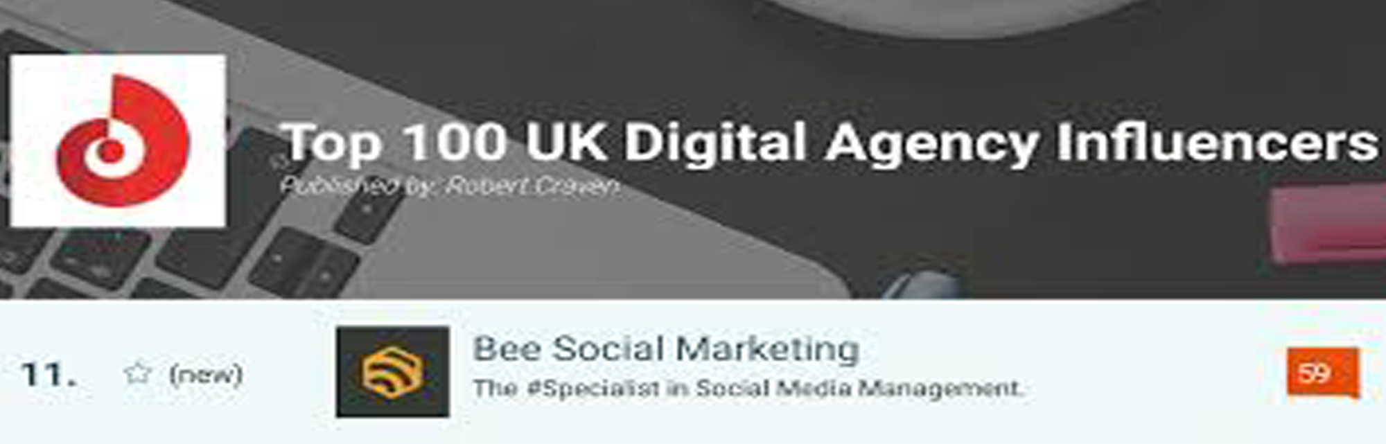 Top 100 UK Digital Influencers logo and bee social marketing listing