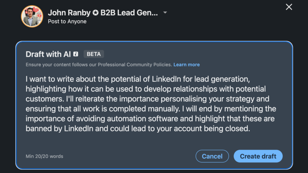 Draft with AI on LinkedIn
